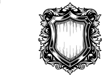 Obraz premium Elegant ornate shield emblem with decorative flourishes, perfect for heraldry, branding, and premium design projects seeking vintage sophistication.