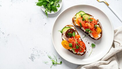 Deliciously prepared open-faced sandwiches, featuring fresh salmon, tomatoes, cucumber, and microgreens,