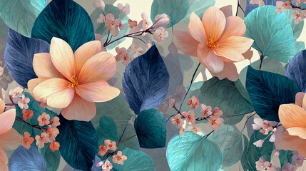 A pattern with large flowers and leaves in pastel colors. The flowers are in delicate peach shades, and the leaves are in various shades of blue and green.