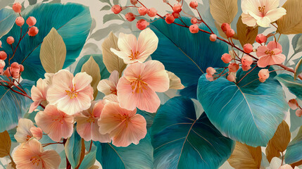 A pattern with large flowers and leaves in pastel colors. The flowers are in delicate peach shades, and the leaves are in various shades of blue and green.