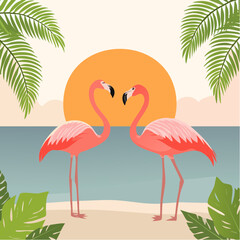 Obraz premium Two romantic pink flamingos forming a heart shape on a tropical sandy beach with a beautiful sunset over the ocean