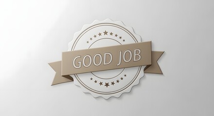 Round stamp-style emblem reading Good Job with embossed texture and ribbon detail, perfect for certificates and awards.