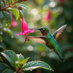 Fototapeta premium A beautiful humminbird hovering whilst feeding from a flower