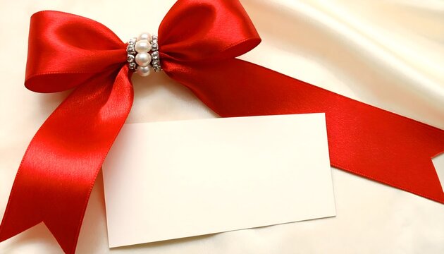 Elegant red ribbon bow with pearls and blank card ready for personalized messages, perfect for invitations, gifts, or special occasions