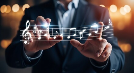 Person touching glowing musical notes treble clef staff