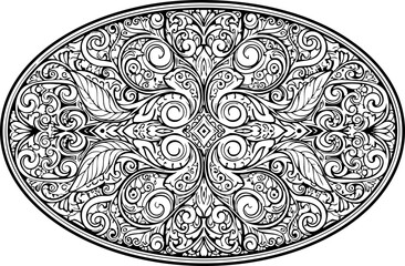 Intricate monochrome filigree pattern with floral and swirling motifs, perfect for elegant designs and decorative elements.