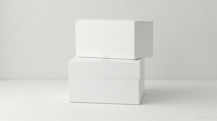 Two clean white boxes stacked elegantly on a white surface create a modern minimalist scene perfect for product mockups or packaging designs, ready for branding