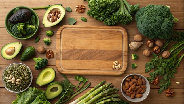 Healthy eating concept with fresh vegetables and nuts arranged around a wooden cutting board on a rustic wooden table, perfect for a vegan or vegetarian diet - Powered by Adobe