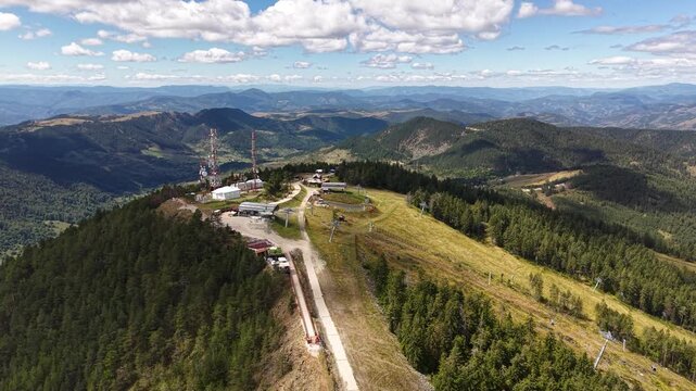 Aerial View, Tornik Summit of Zlatibor Mountain, Serbia. Gondola and Ski Lift Stations, Communication Towers