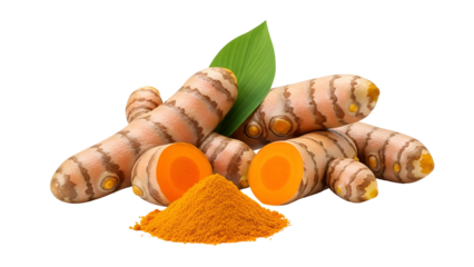 Fresh Turmeric Root with Bright Orange Powder and Green Leaf on Transparent Background