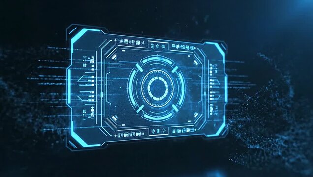 Neon-lit digital interface with a futuristic blue circuit board design on a dark background with binary code and glowing lines.