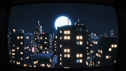 Retro Pixel Art Cityscape at Night with a Giant Moon, Displayed on an Old Analog Television Screen. - Powered by Adobe