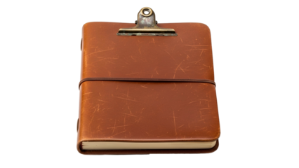 Brown Leather Notebook with Metal Clipboard Clip on Transparent Background