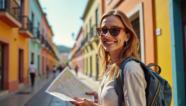 Young woman smiling while holding a map in colorful urban setting  