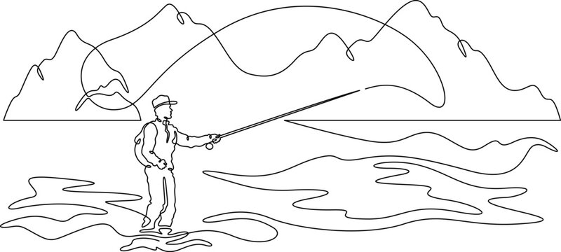 Continuous single line drawing A fisherman casts his fishing tackle. Spinning fishing. A fisherman in the water. Fly fishing. Linear . One continuous line isolated minimalist illustration. Not AI.