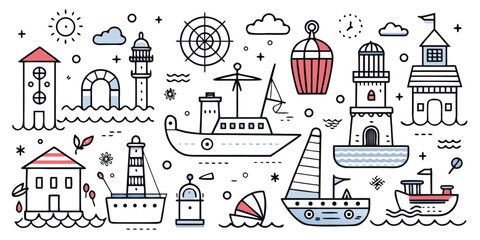 Fototapeta premium Collection of charming nautical elements including lighthouses boats and a compass rose