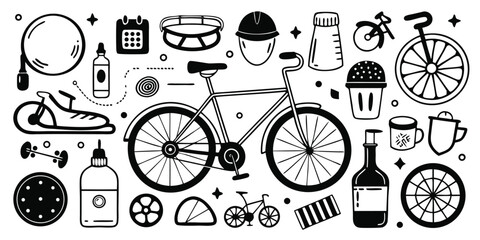 Collection of bicycle parts and accessories doodle art set for cycling enthusiasts