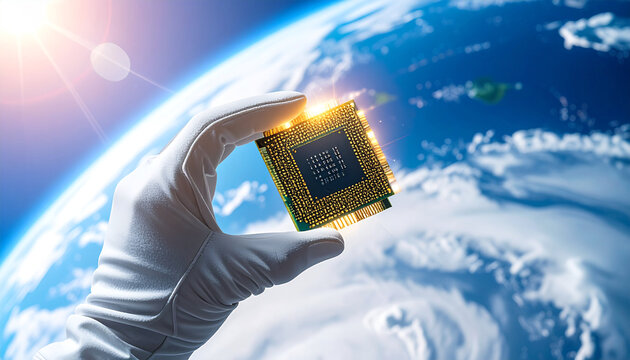 Digital Frontier: A gloved hand delicately presents a golden CPU chip against the backdrop of a captivating Earth, symbolizing the boundless reach of technology.