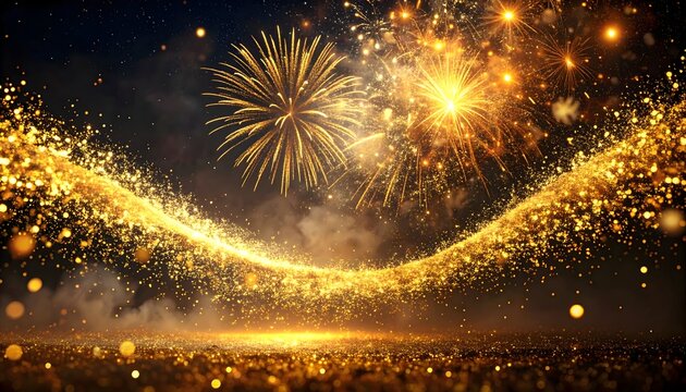 Exploding golden fireworks illuminate a magical night sky filled with shimmering particles and a dazzling light show celebrating success and achievement.