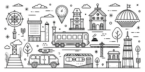 Urban transportation and city landmarks line art collection for design projects