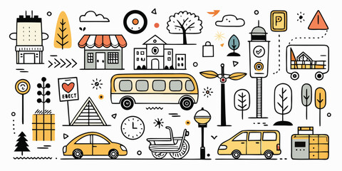 Doodle style city elements featuring cars buses buildings trees and traffic signs for education