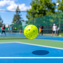 Dynamic pickleball in motion captures the vibrant energy of outdoor court play, perfect for sports and active lifestyle promotions
