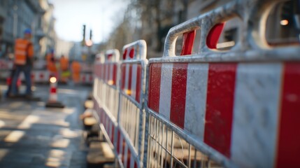 Safety Block, construction site with safety block barriers marking restricted areas, workers visible at distance.