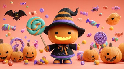 Naklejka premium Cute pumpkin character in witch hat holding colorful lollipop surrounded by candies and jack o lanterns 