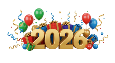 Celebration of New Year 2026 with Gold Numbers Balloons and Colorful Decorations