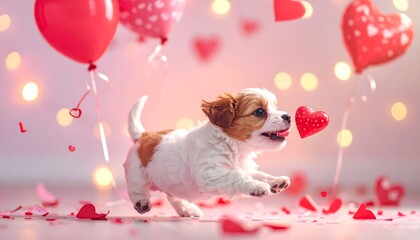 Adorable fluffy puppy joyfully running amidst a shower of red heart confetti and festive balloons, spreading pure happiness and love