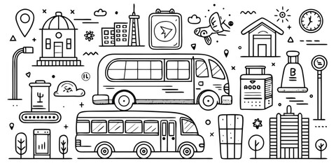Collection of transportation vehicles and city elements in a delightful line art style
