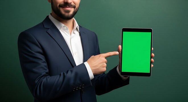 Man in suit pointing at tablet green screen