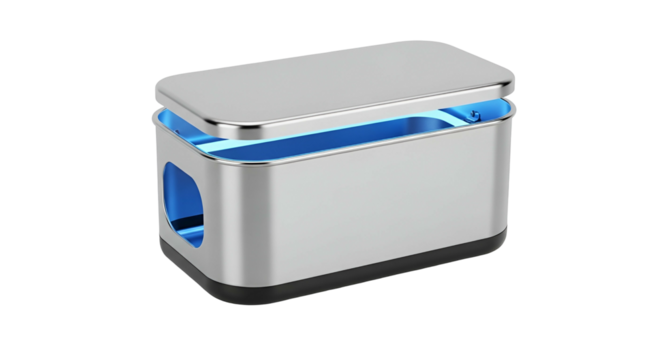 Futuristic Silver Food Storage Container with Blue Interior in Modern Design