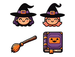 Funny and Cute Witch Vector Collection – Playful Halloween Sorceress with Magic Tools