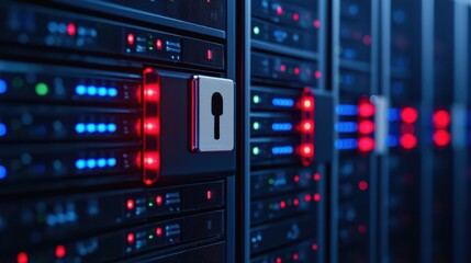 Obraz premium A close-up view of a server rack featuring illuminated indicators and a locked security mechanism, emphasizing data protection and technology.