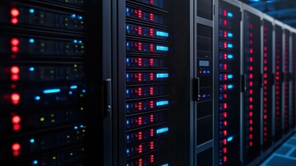 A high-tech server room with rows of illuminated data servers, showcasing a modern digital infrastructure.