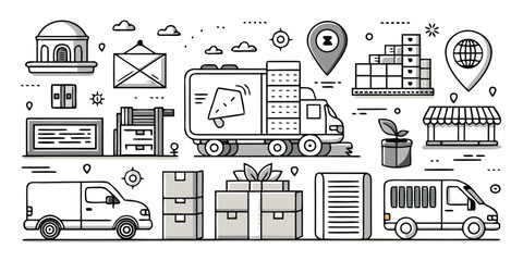 Logistics and delivery icons featuring trucks vans packages and buildings for transportation services