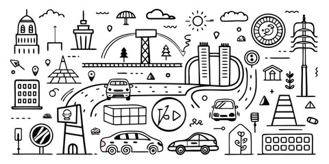 Doodle art depicting a modern cityscape with transportation and buildings