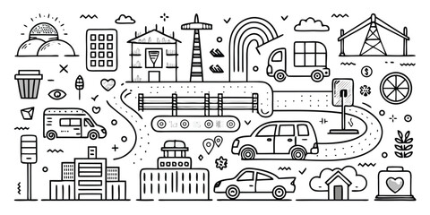 Collection of hand-drawn icons representing urban life transportation and buildings