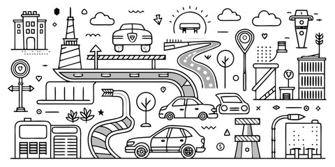 Diverse transportation and cityscape elements hand-drawn style doodle collection