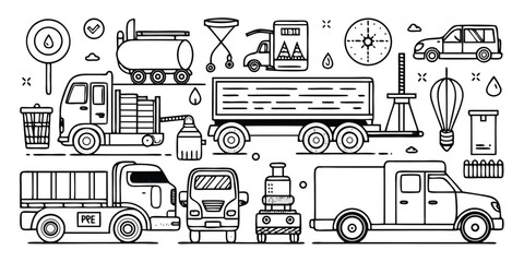 Collection of various trucks and transportation vehicles with related icons and symbols