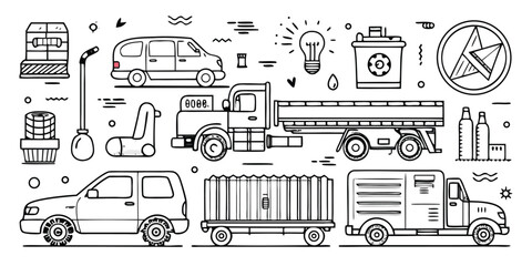 Collection of diverse transportation vehicles and related elements in a blueprint style outline drawing