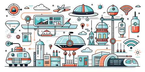 Whimsical steampunk airships and retro-futuristic vehicles in a collage style