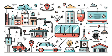 Diverse urban transportation and city elements collage featuring cars trains buildings and more