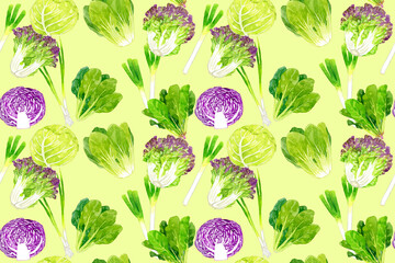 フレッシュな葉物野菜のシームレスパターン　手描き水彩イラスト背景素材