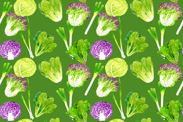 フレッシュな葉物野菜のシームレスパターン　手描き水彩イラスト背景素材