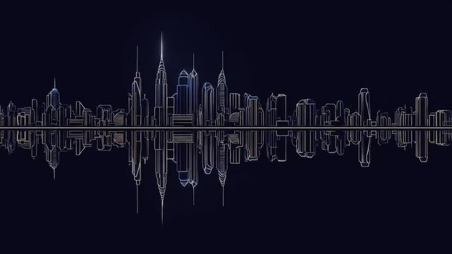 Modern futuristic city skyline as an abstract digital sound wave equalizer with reflection on a dark background.