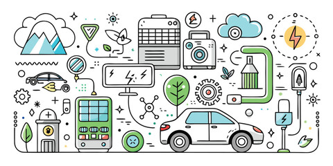 Smart city transportation and green technology icons symbolizing sustainable urban development