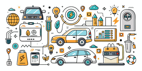 Electric vehicle charging station and sustainable city transportation concepts doodles