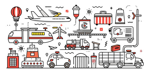 Diverse transportation and vehicle collection featuring airplanes trucks cars and trains